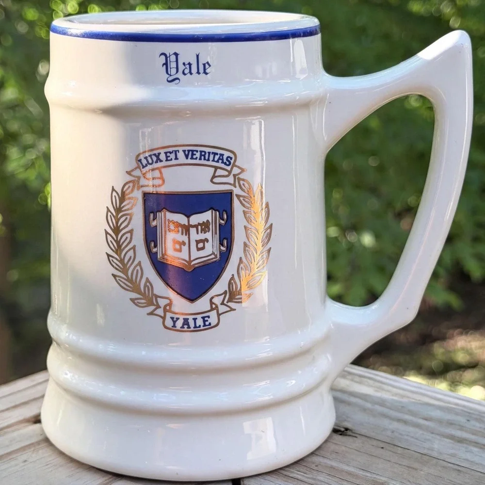 Beer Stein Yale University Vintage Ceramic White Blue College Crest Alumni Gift‎